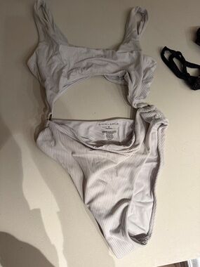 Kendall & Kylie Cream Ribbed One-Shoulder Swimsuit with Side Cutout